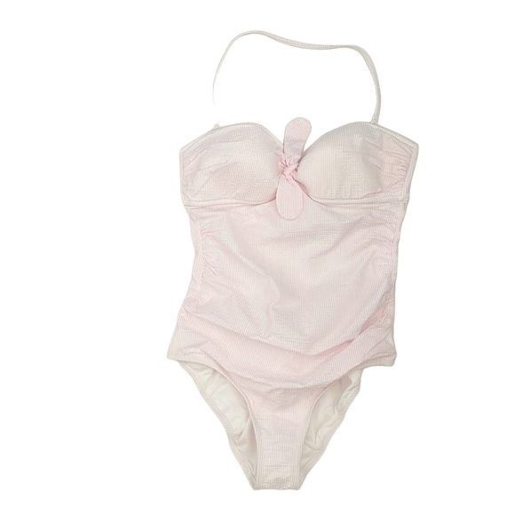 J. Crew Light Pink Bow Halter Neck Seersucker one piece swimsuit size M - Picture 2 of 9